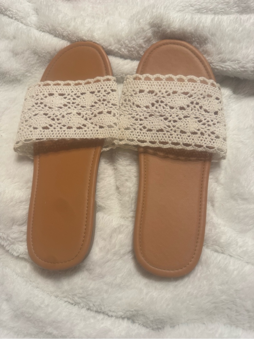 SHEIN Crochet Strap Slide Sandals in Cream and Tan